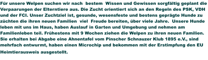 Für unsere Welpen suchen wir nach  bestem  Wissen und Gewissen sorgfältig geplant die Verpaarungen der Elterntiere aus. Die Zucht orientiert sich an den Regeln des PSK, VDH und der FCI. Unser Zuchtziel ist, gesunde, wesensfeste und bestens geprägte Hunde zu züchten die ihren neuen Familien  viel  Freude bereiten, über viele Jahre.  Unsere Hunde leben mit uns im Haus, haben Auslauf in Garten und Umgebung und nehmen am Familienleben teil. Frühestens mit 9 Wochen ziehen die Welpen zu ihren neuen Familien. Sie erhalten bei Abgabe eine Ahnentafel vom Pinscher Schnauzer Klub 1895 e.V., sind mehrfach entwurmt, haben einen Microchip und bekommen mit der Erstimpfung den EU Heimtierausweis ausgestellt.